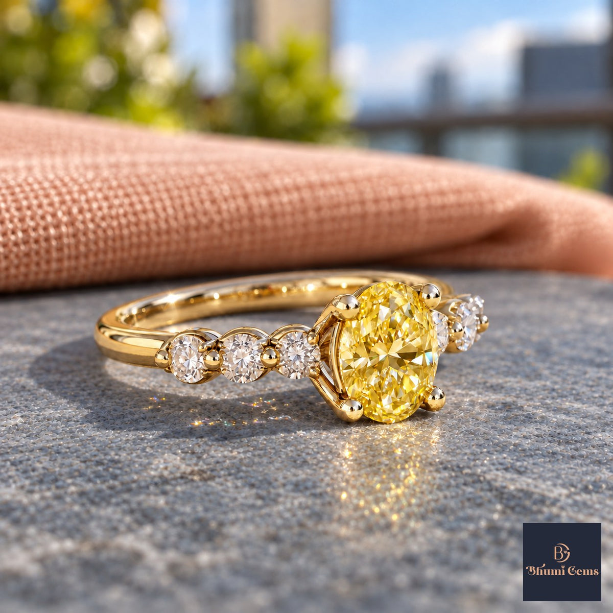 Yellow Round Cut Lab Grown Diamond Engagement Ring - Marquise and Round Station Band in yellow gold, side view