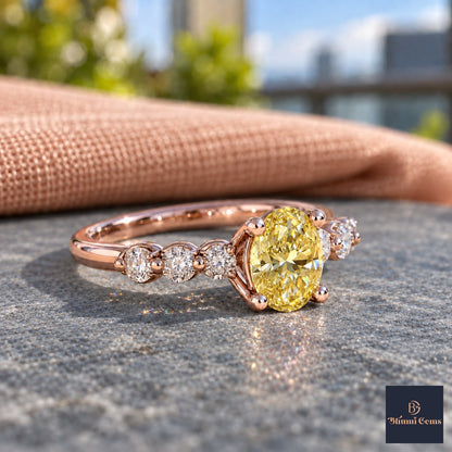 Yellow Round Cut Lab Grown Diamond Engagement Ring - Marquise and Round Station Band in rose gold, side view