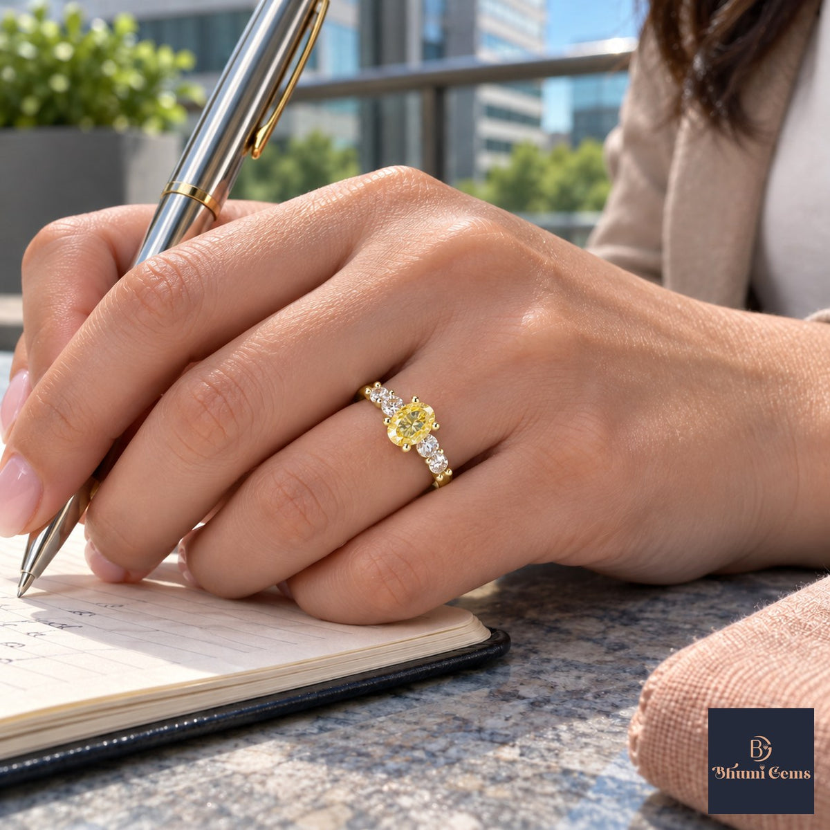 Yellow Round Cut Lab Grown Diamond Engagement Ring - Marquise and Round Station Band in yellow gold, on the hand