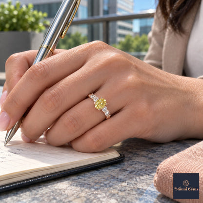 Yellow Round Cut Lab Grown Diamond Engagement Ring - Marquise and Round Station Band in rose gold, on the hand