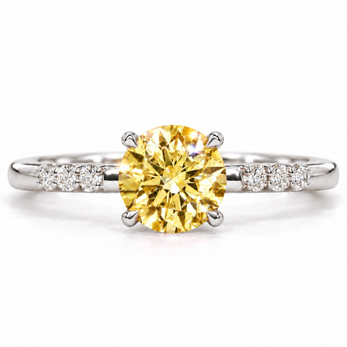 Yellow Round Cut Lab Grown Diamond Engagement Ring - Pave Shoulders in white gold, front view