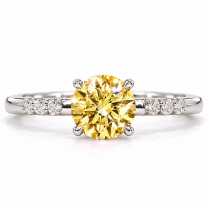 Yellow Round Cut Lab Grown Diamond Engagement Ring - Pave Shoulders in white gold, front view