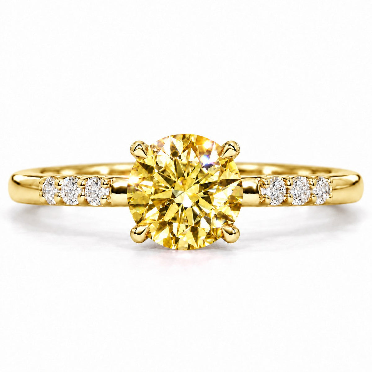 Yellow Round Cut Lab Grown Diamond Engagement Ring - Pave Shoulders in yellow gold, front view