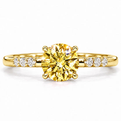 Yellow Round Cut Lab Grown Diamond Engagement Ring - Pave Shoulders in yellow gold, front view