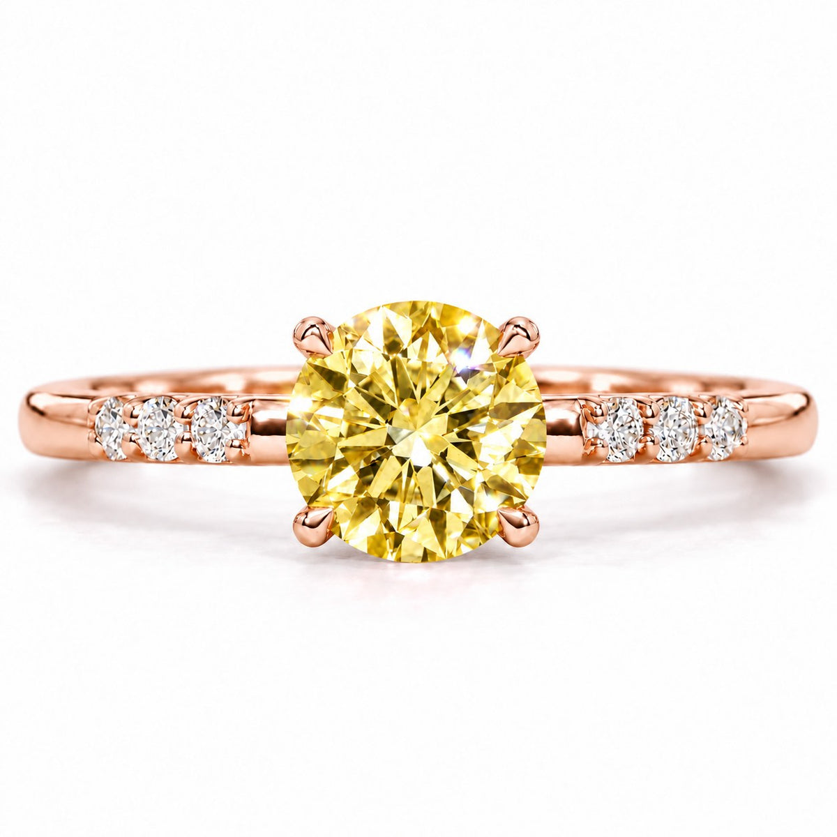 Yellow Round Cut Lab Grown Diamond Engagement Ring - Pave Shoulders in rose gold, front view