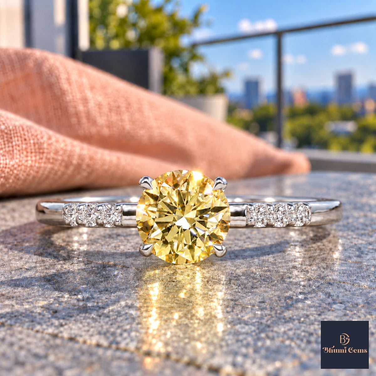 Yellow Round Cut Lab Grown Diamond Engagement Ring - Pave Shoulders in white gold, close-up