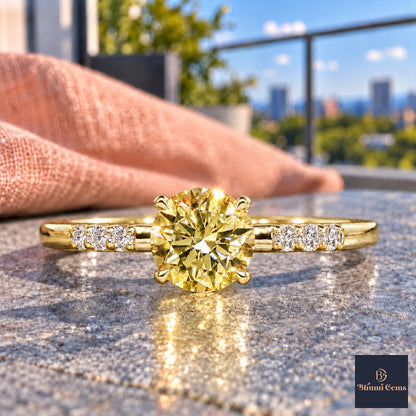 Yellow Round Cut Lab Grown Diamond Engagement Ring - Pave Shoulders in yellow gold, close-up