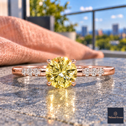 Yellow Round Cut Lab Grown Diamond Engagement Ring - Pave Shoulders in rose gold, close-up