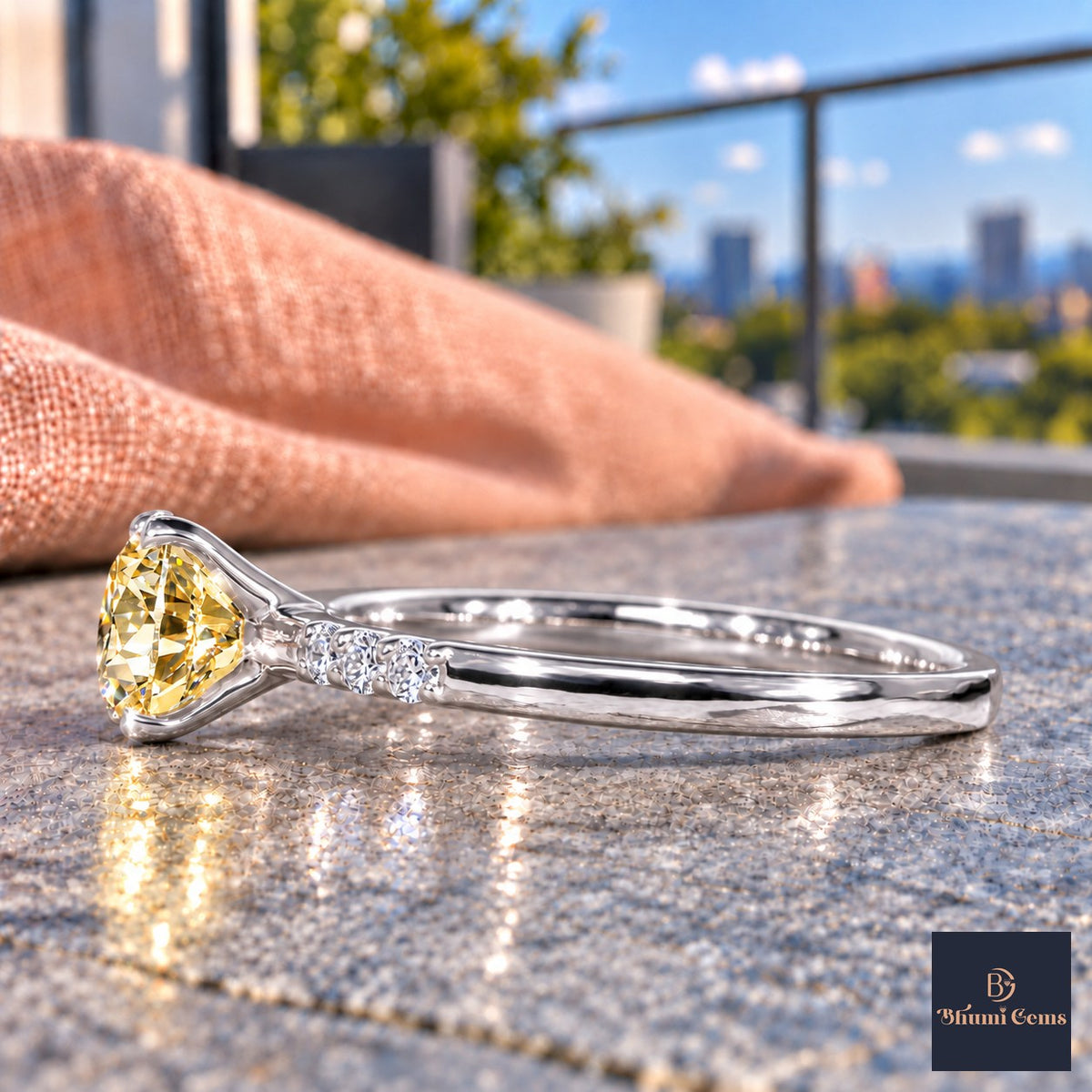 Yellow Round Cut Lab Grown Diamond Engagement Ring - Pave Shoulders in white gold, side view