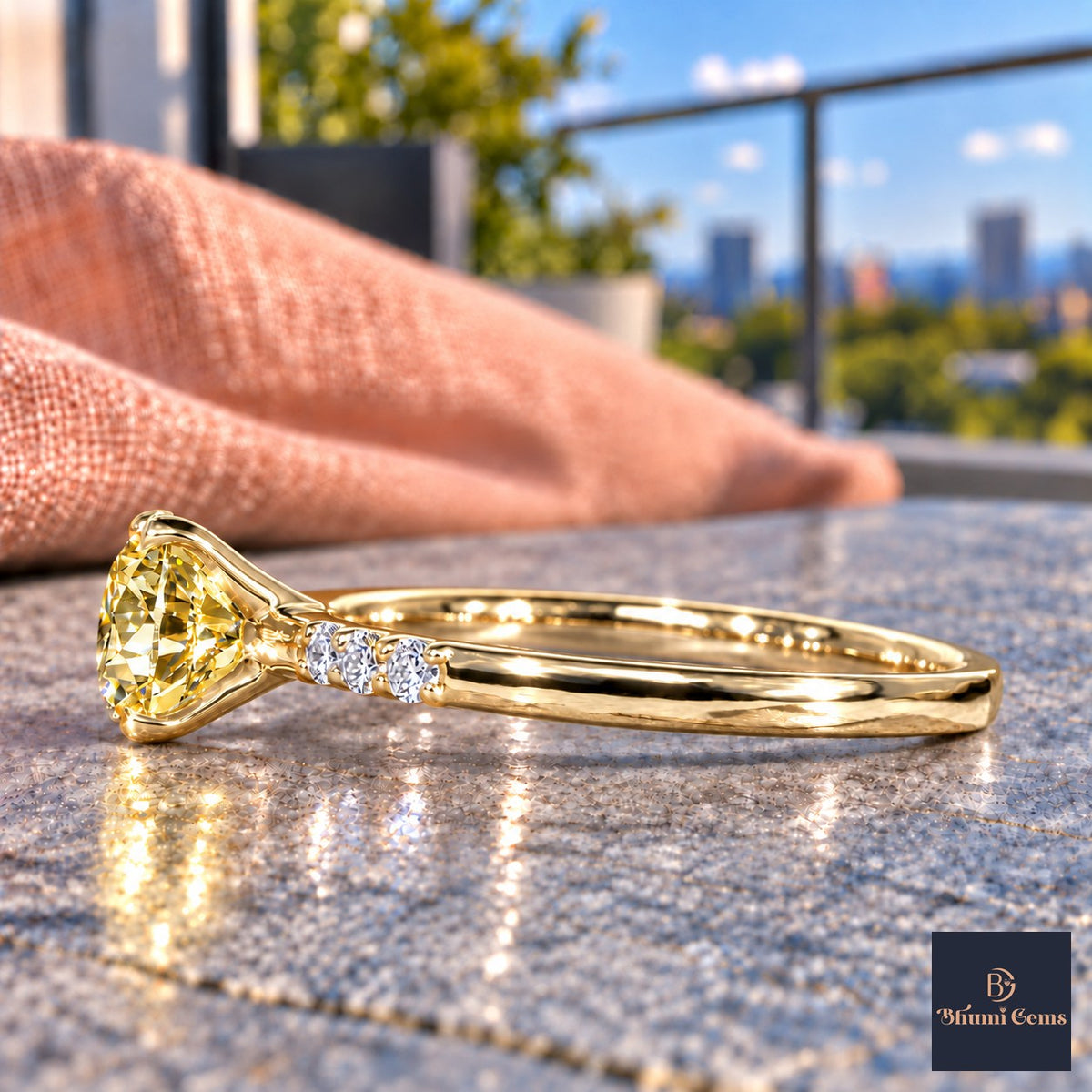 Yellow Round Cut Lab Grown Diamond Engagement Ring - Pave Shoulders in yellow gold, side view