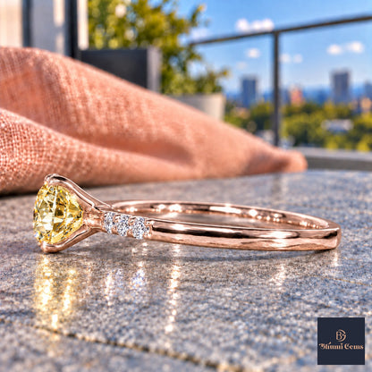 Yellow Round Cut Lab Grown Diamond Engagement Ring - Pave Shoulders in rose gold, side view