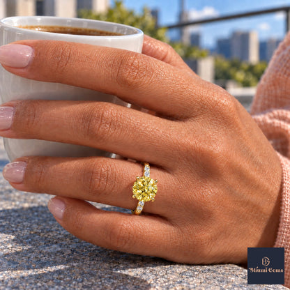 Yellow Round Cut Lab Grown Diamond Engagement Ring - Pave Shoulders in yellow gold, on the hand