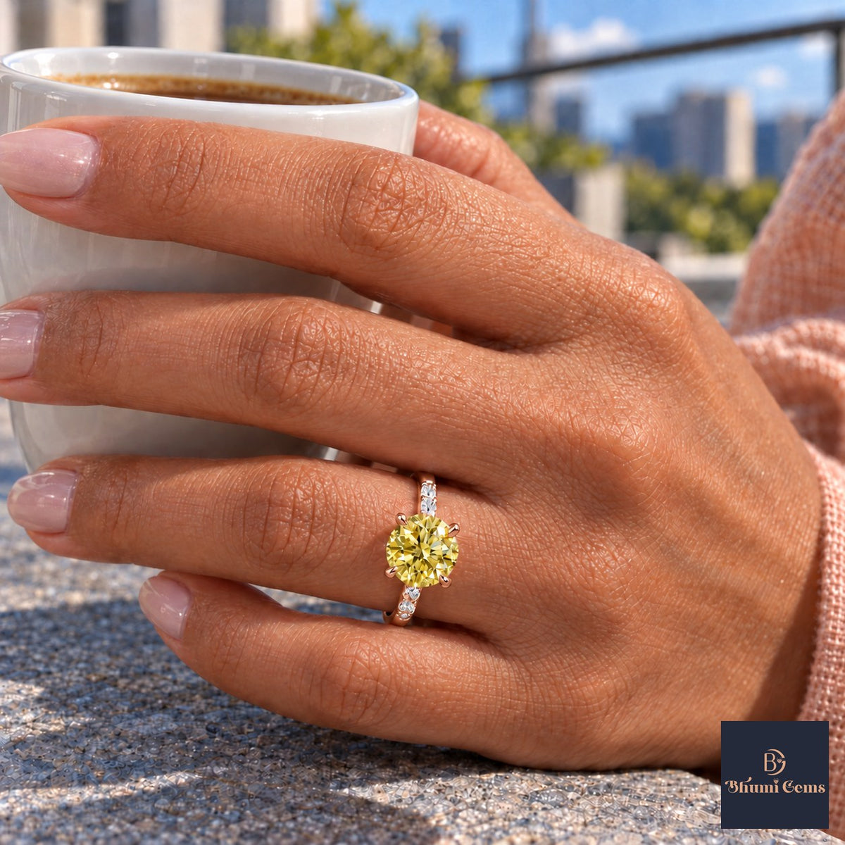 Yellow Round Cut Lab Grown Diamond Engagement Ring - Pave Shoulders in rose gold, on the hand