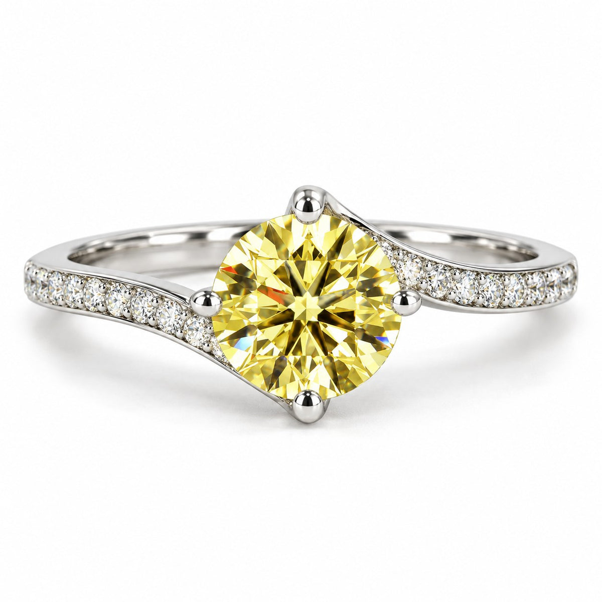 Yellow Round Cut Lab Grown Diamond Engagement Ring - Pave Twist Bypass in white gold, front view