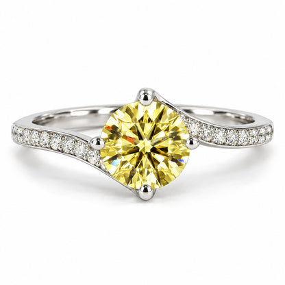 Yellow Round Cut Lab Grown Diamond Engagement Ring - Pave Twist Bypass in white gold, front view