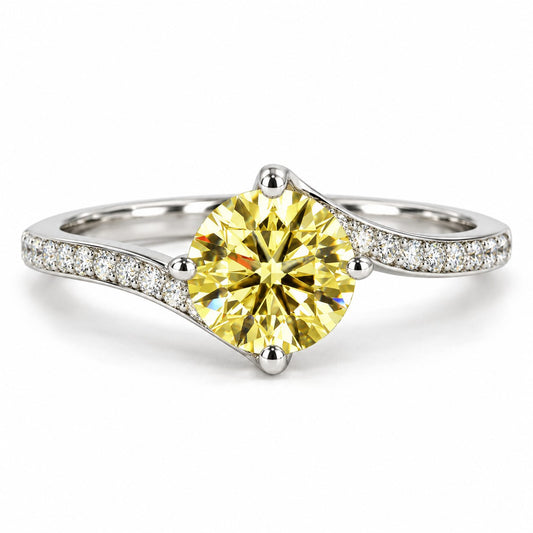 Yellow Round Cut Lab Grown Diamond Engagement Ring - Pave Twist Bypass in white gold, front view