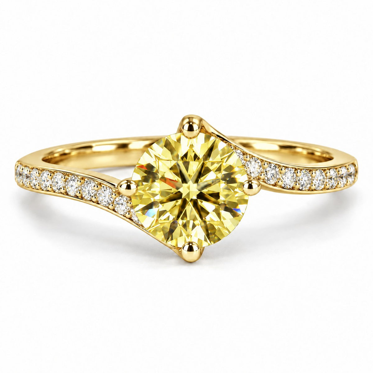 Yellow Round Cut Lab Grown Diamond Engagement Ring - Pave Twist Bypass in yellow gold, front view