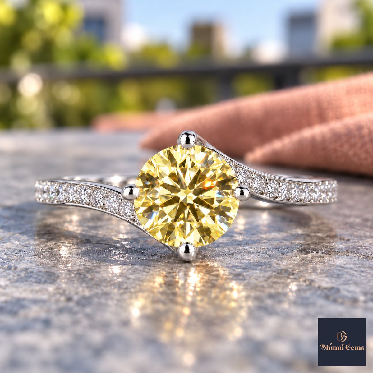Yellow Round Cut Lab Grown Diamond Engagement Ring - Pave Twist Bypass in white gold, close-up