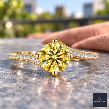 Yellow Round Cut Lab Grown Diamond Engagement Ring - Pave Twist Bypass in yellow gold, close-up