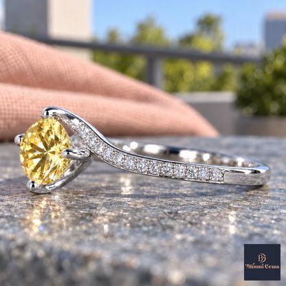 Yellow Round Cut Lab Grown Diamond Engagement Ring - Pave Twist Bypass in white gold, side view