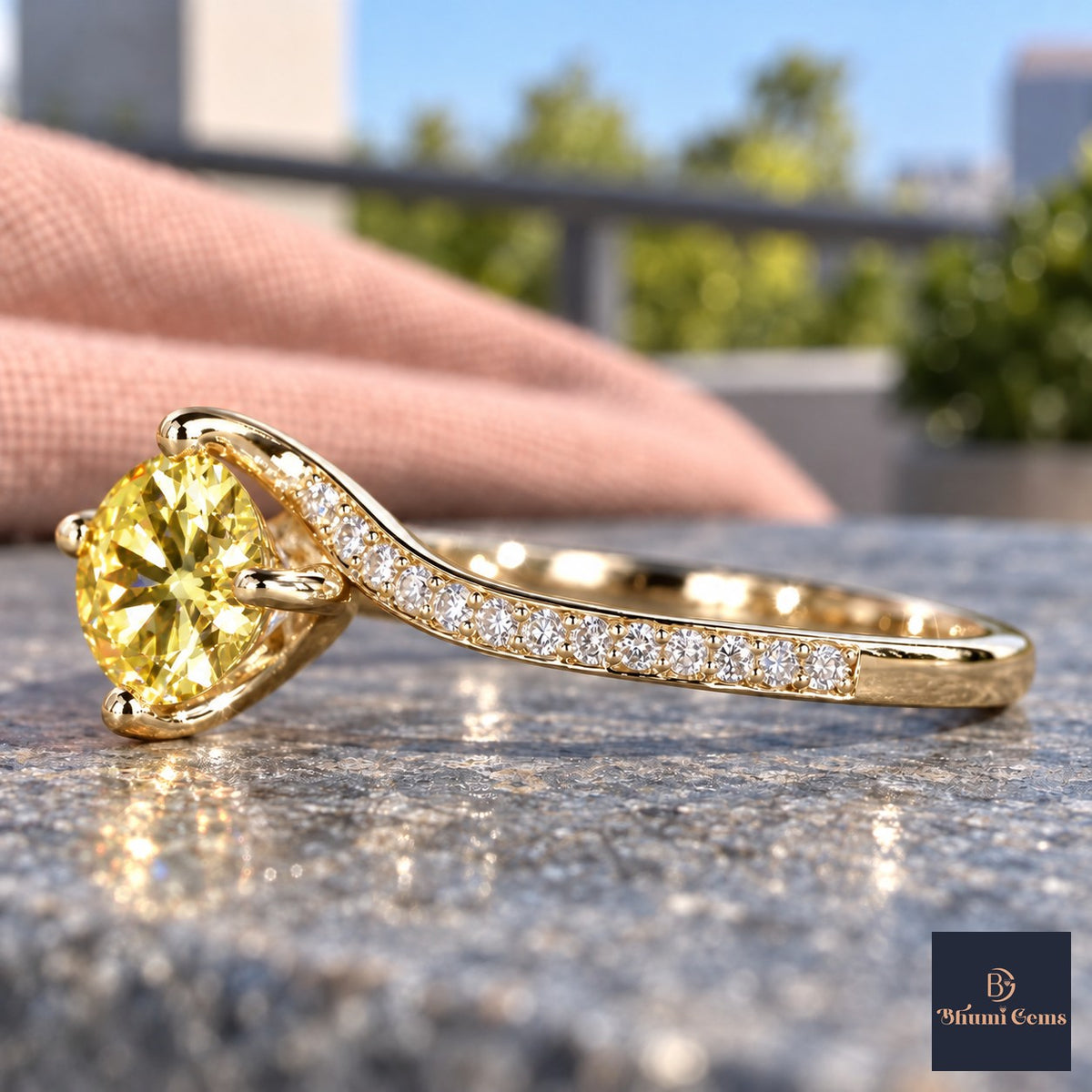 Yellow Round Cut Lab Grown Diamond Engagement Ring - Pave Twist Bypass in yellow gold, side view