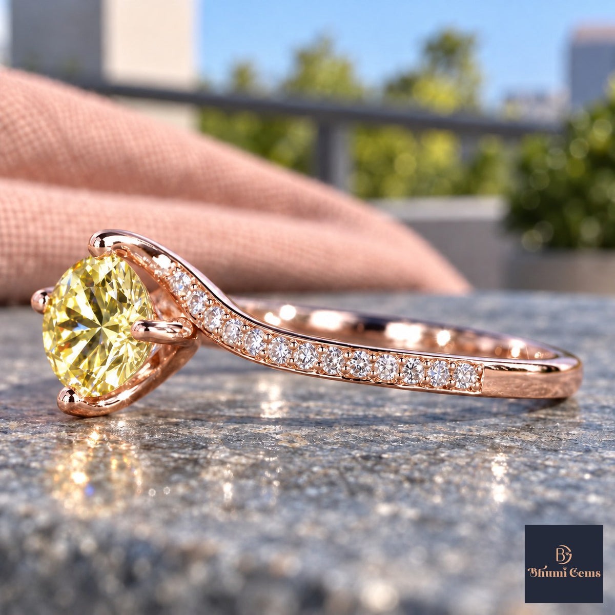 Yellow Round Cut Lab Grown Diamond Engagement Ring - Pave Twist Bypass in rose gold, side view