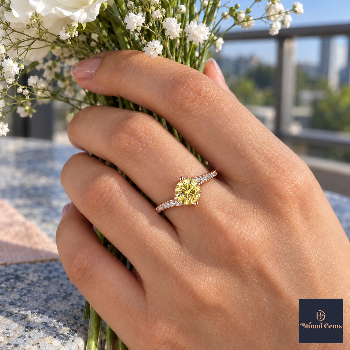 Yellow Round Cut Lab Grown Diamond Engagement Ring - Pave Twist Bypass in rose gold, worn on the hand