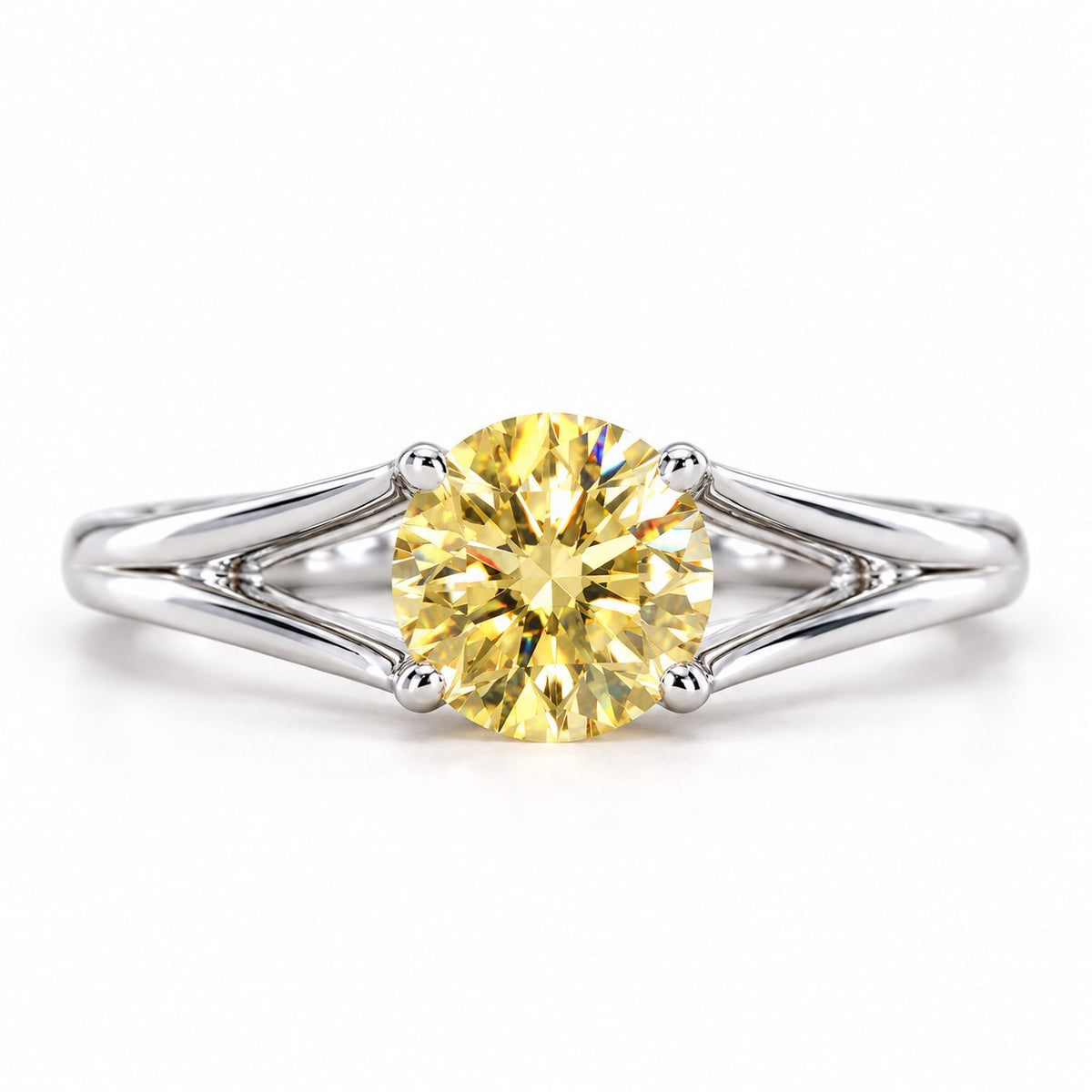 Yellow Round Cut Lab Grown Diamond Engagement Ring - Split Shank in white gold, front view