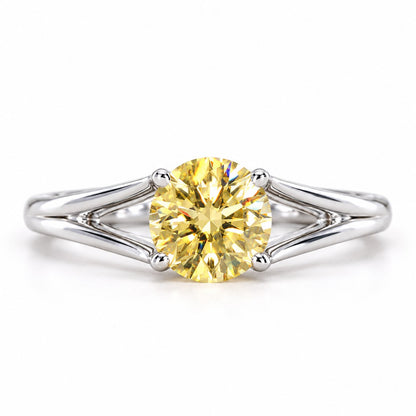 Yellow Round Cut Lab Grown Diamond Engagement Ring - Split Shank in white gold, front view