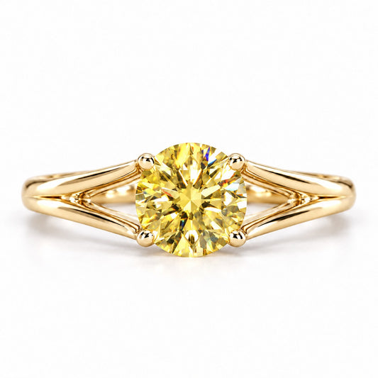 Yellow Round Cut Lab Grown Diamond Engagement Ring - Split Shank in yellow gold, front view