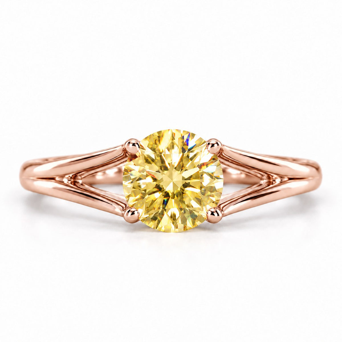 Yellow Round Cut Lab Grown Diamond Engagement Ring - Split Shank in rose gold, front view