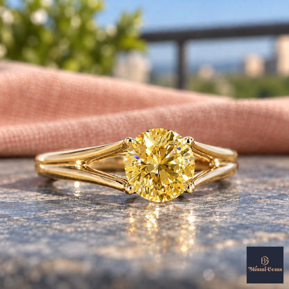 Yellow Round Cut Lab Grown Diamond Engagement Ring - Split Shank in yellow gold, close-up
