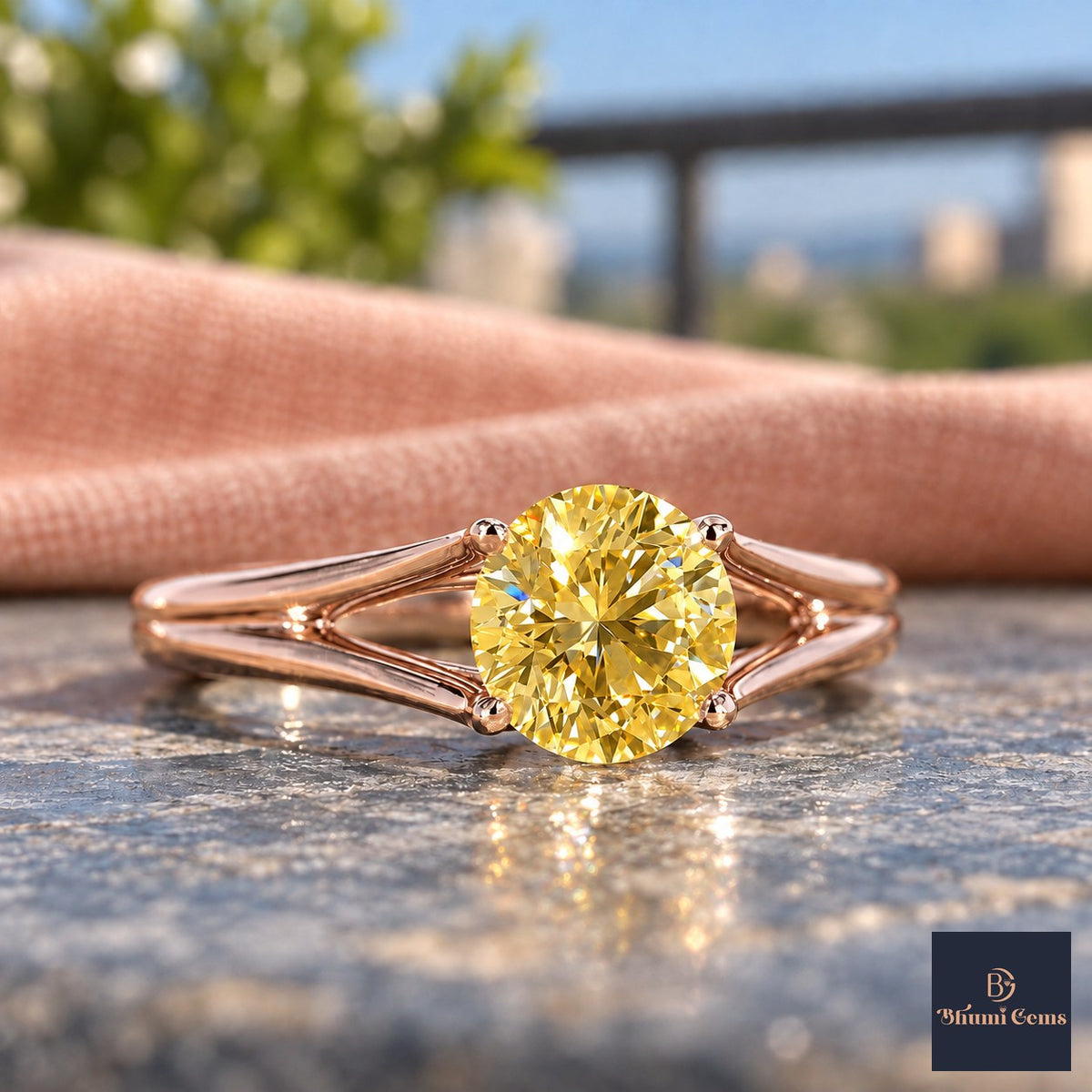 Yellow Round Cut Lab Grown Diamond Engagement Ring - Split Shank in rose gold, close-up