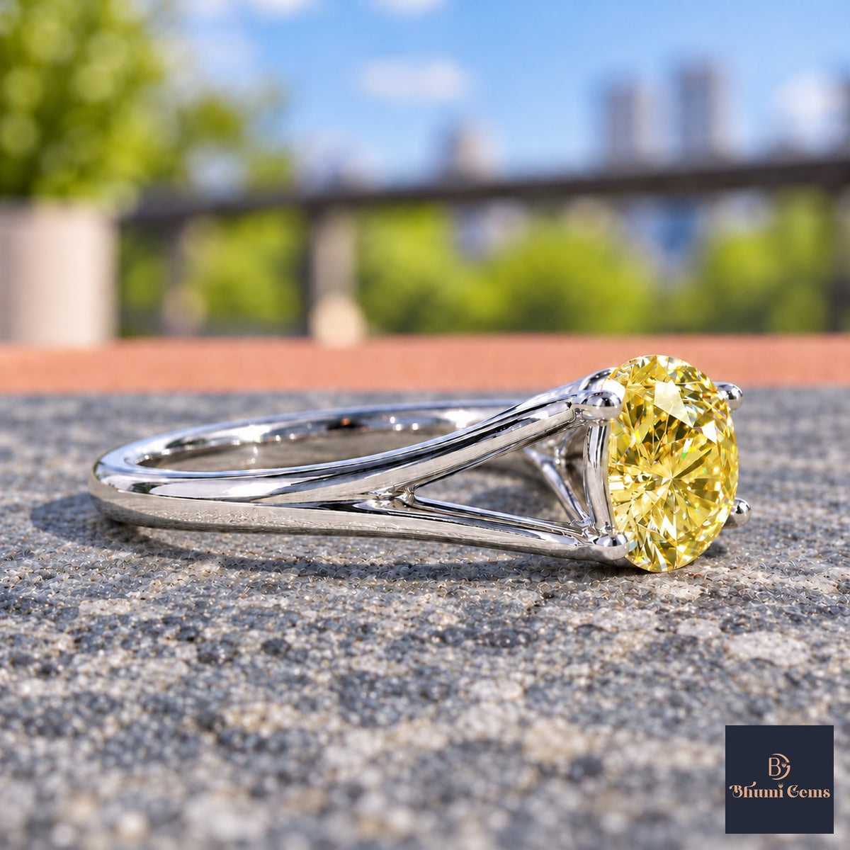 Yellow Round Cut Lab Grown Diamond Engagement Ring - Split Shank in white gold, side view