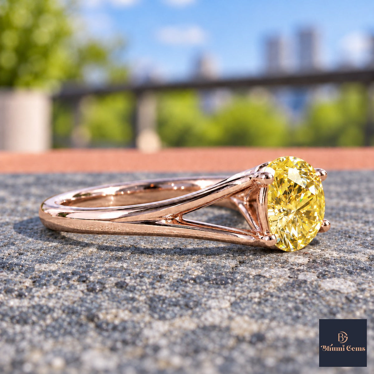 Yellow Round Cut Lab Grown Diamond Engagement Ring - Split Shank in rose gold, side view