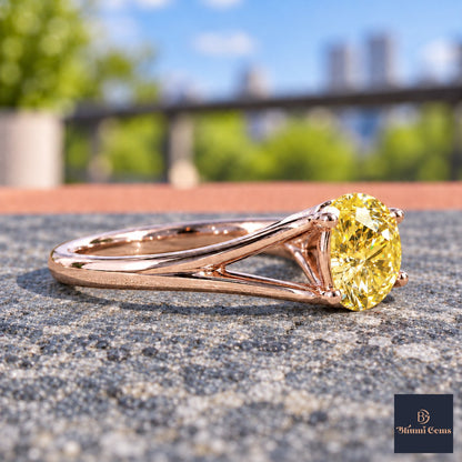 Yellow Round Cut Lab Grown Diamond Engagement Ring - Split Shank in rose gold, side view