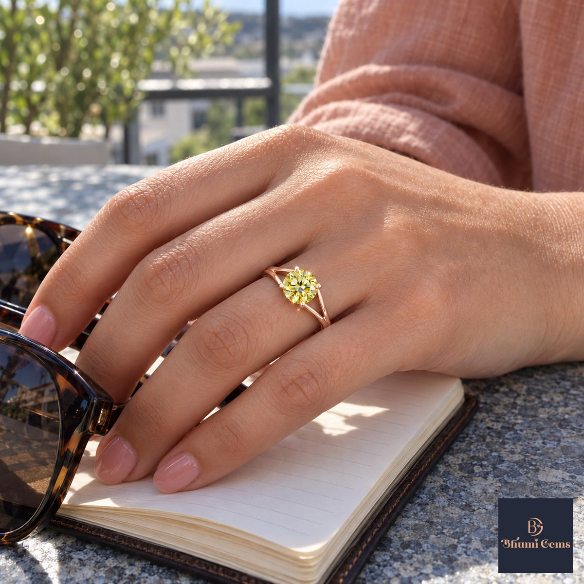 Yellow Round Cut Lab Grown Diamond Engagement Ring - Split Shank in rose gold, on the hand