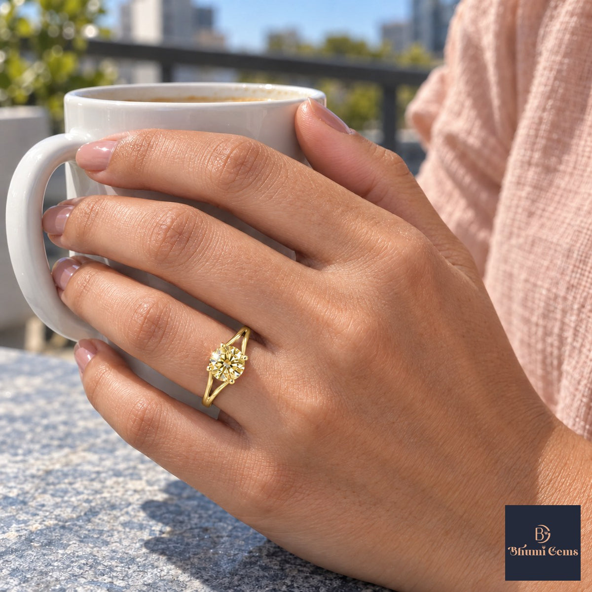 Yellow Round Cut Lab Grown Diamond Engagement Ring - Split Shank in yellow gold, worn on the hand