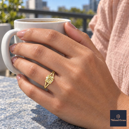 Yellow Round Cut Lab Grown Diamond Engagement Ring - Split Shank in yellow gold, worn on the hand