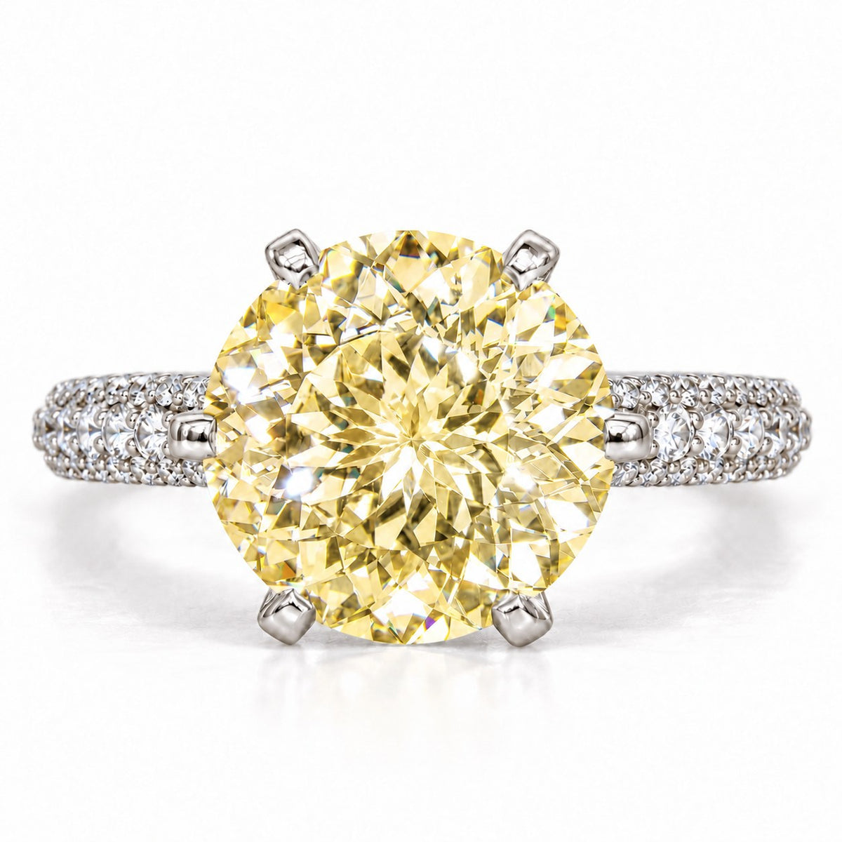 Yellow Round Cut Lab Grown Diamond Engagement Ring - Triple Row Pave in white gold, front view