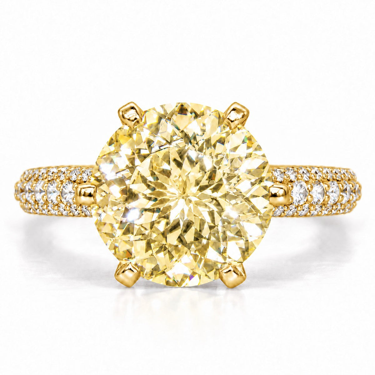 Yellow Round Cut Lab Grown Diamond Engagement Ring - Triple Row Pave in yellow gold, front view