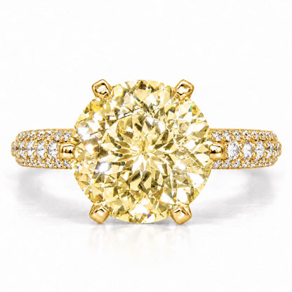 Yellow Round Cut Lab Grown Diamond Engagement Ring - Triple Row Pave in yellow gold, front view