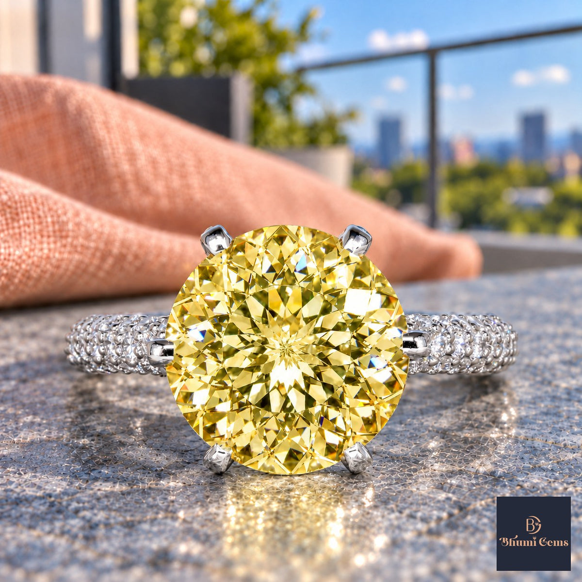 Yellow Round Cut Lab Grown Diamond Engagement Ring - Triple Row Pave in white gold, close-up