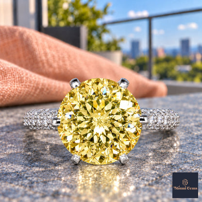 Yellow Round Cut Lab Grown Diamond Engagement Ring - Triple Row Pave in white gold, close-up