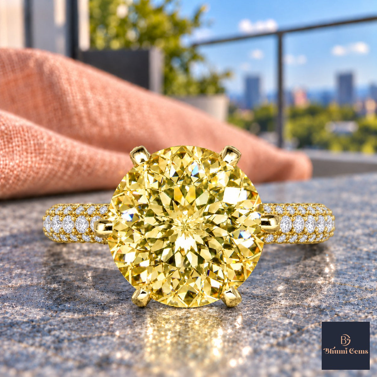 Yellow Round Cut Lab Grown Diamond Engagement Ring - Triple Row Pave in yellow gold, close-up