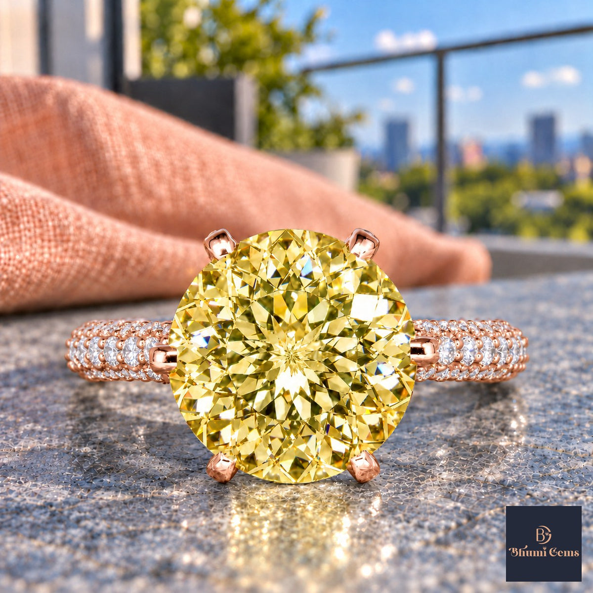 Yellow Round Cut Lab Grown Diamond Engagement Ring - Triple Row Pave in rose gold, close-up