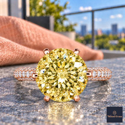 Yellow Round Cut Lab Grown Diamond Engagement Ring - Triple Row Pave in rose gold, close-up
