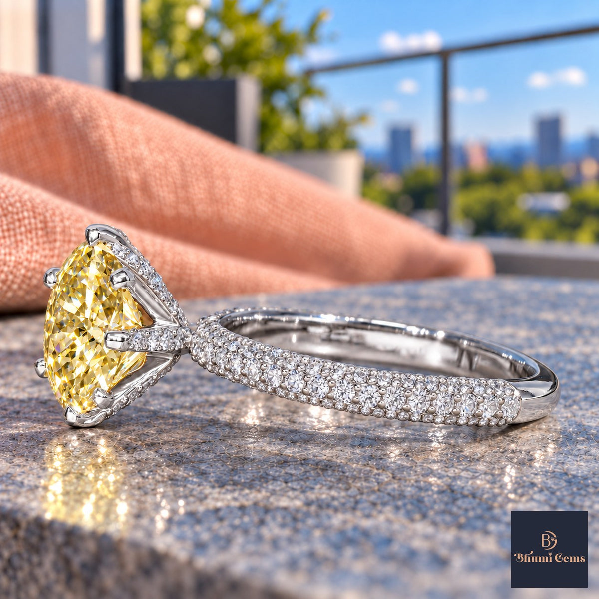 Yellow Round Cut Lab Grown Diamond Engagement Ring - Triple Row Pave in white gold, side view