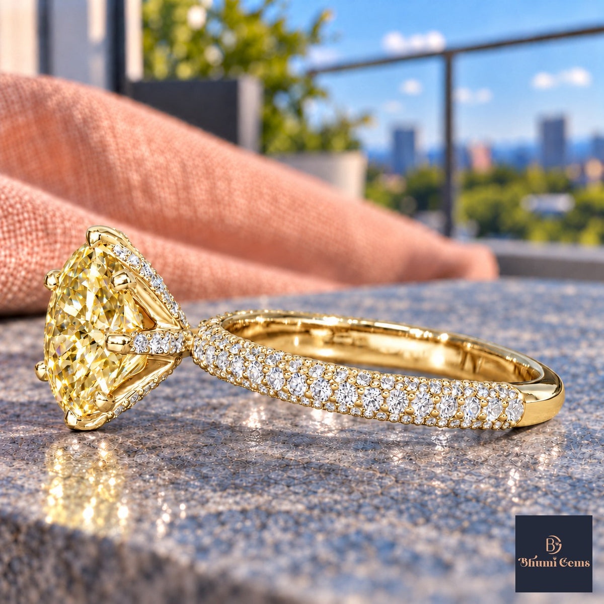 Yellow Round Cut Lab Grown Diamond Engagement Ring - Triple Row Pave in yellow gold, side view