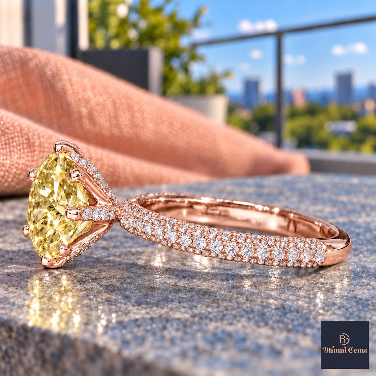Yellow Round Cut Lab Grown Diamond Engagement Ring - Triple Row Pave in rose gold, side view